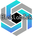 Hexagonal logo with interlocking blue and gray shapes and the word BlaklabTek in modern white font across the center